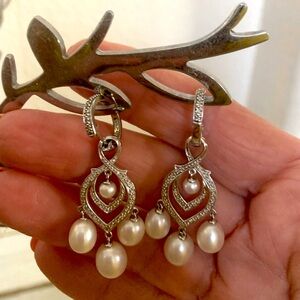 Ross Simons Pearl and Diamond Chandelier Earrings in Sterling Silver.
